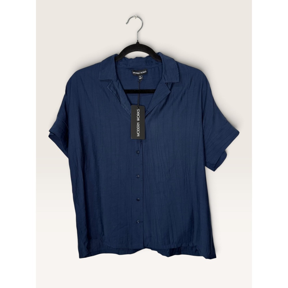 Modern Works Women's Small Navy Button Down Shirt Lightweight Rayon NEW